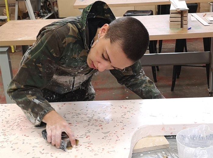 Daniela at work with a terrazzo piece